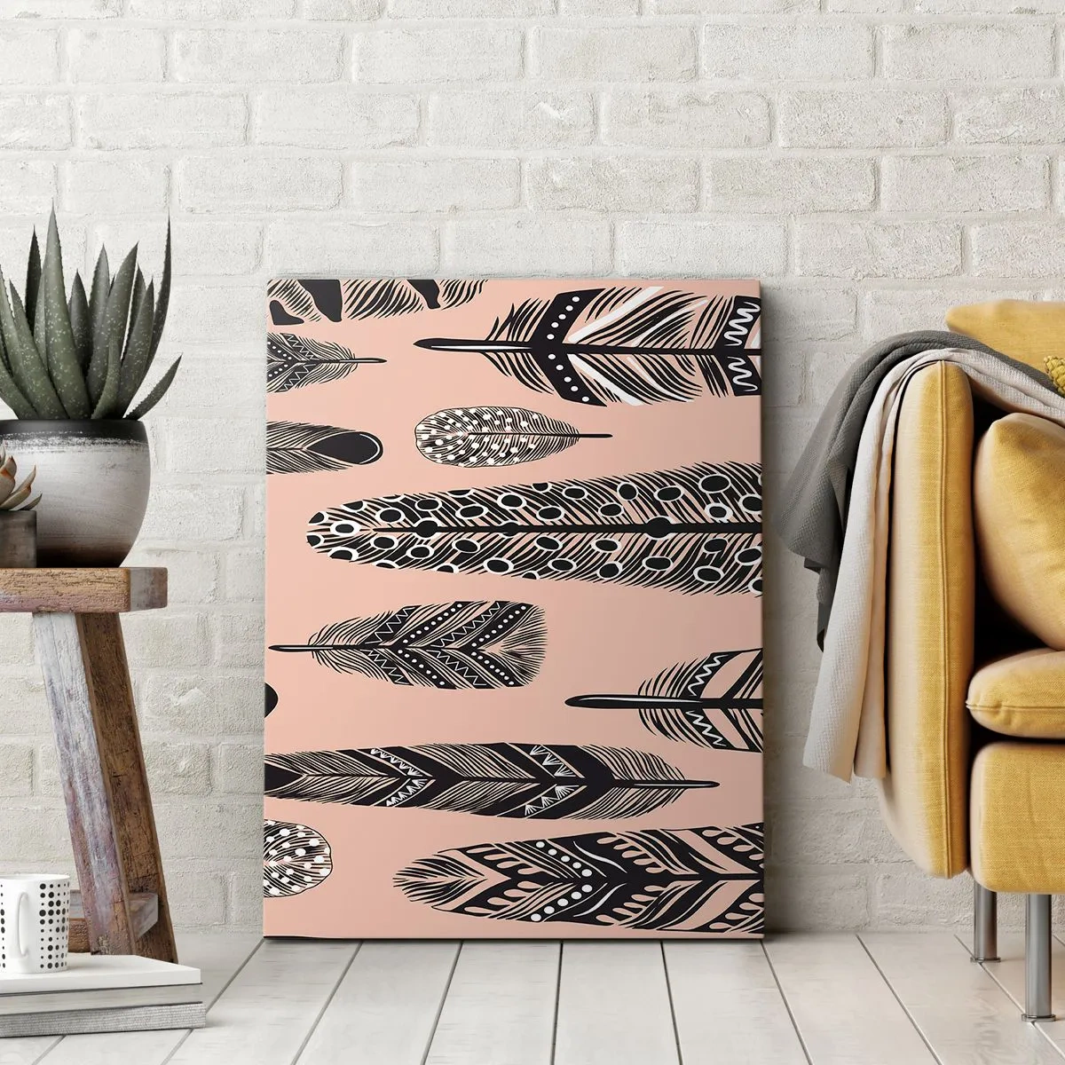 Cuadro sobre lienzo - Impresión de Imagen - Plumas decorativas sobre un fondo claro. - 50x70cm - Una colección india - Decoración de pared moderna para salón y dormitorio ARTTOR