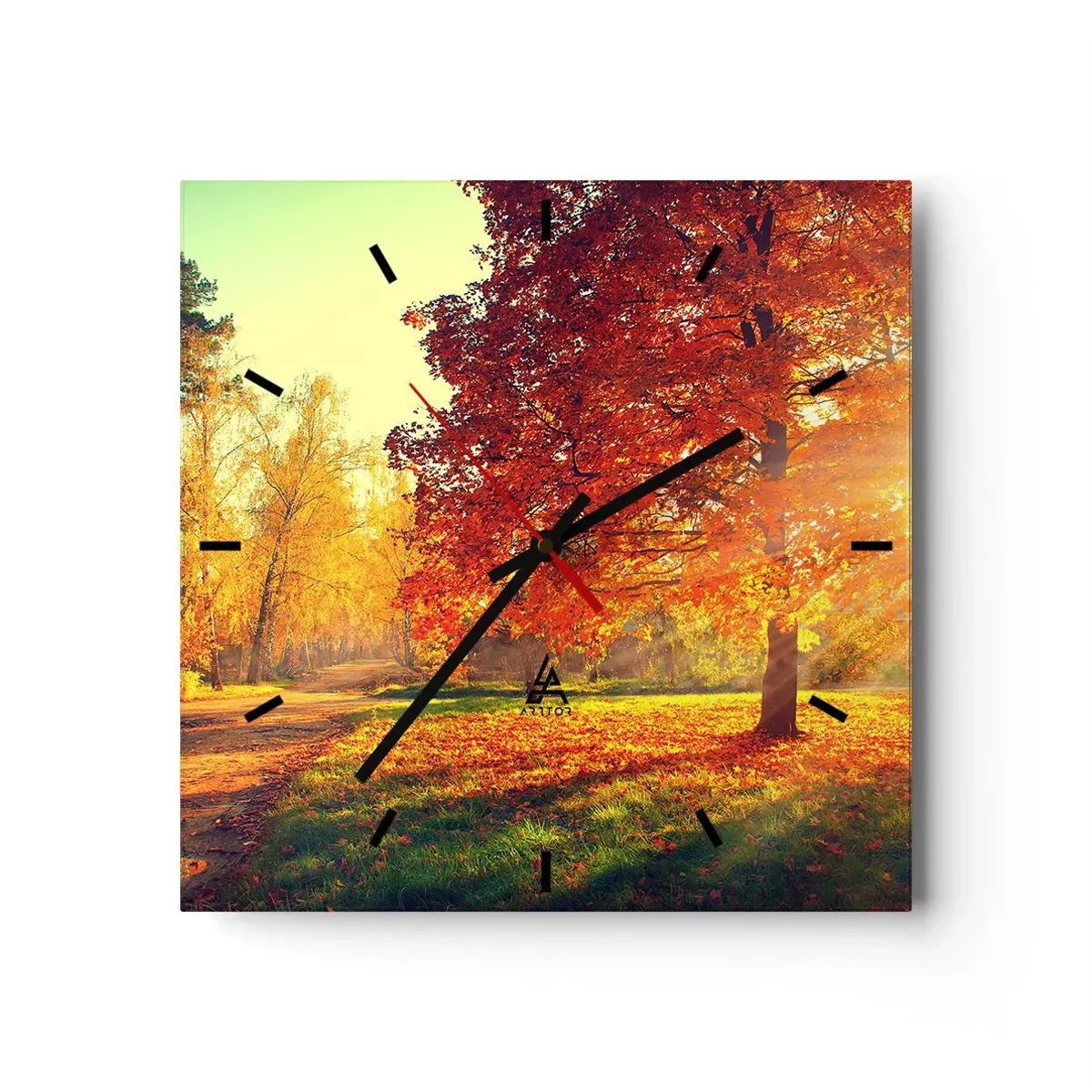 Reloj de pared - Reloj de vidrio - Parque otoñal iluminado por la luz del sol - 30x30cm - El rojo es hermoso - Decoración de pared moderna para salón y dormitorio ARTTOR