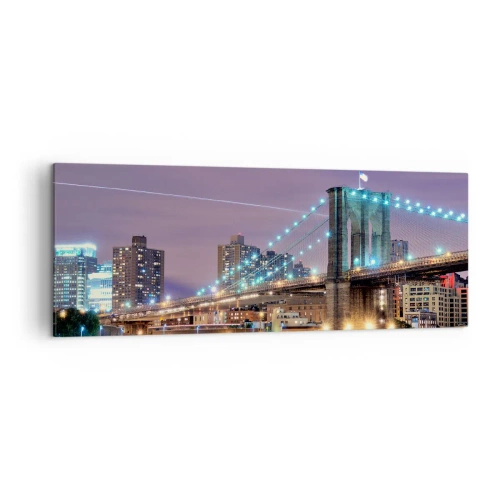 Cuadro sobre lienzo - Impresión de Imagen - Puente de Brooklyn de noche con la ciudad iluminada al fondo - 140x50cm - Durante muchos años, el puente de Brooklyn - Decoración de pared moderna para salón y dormitorio ARTTOR