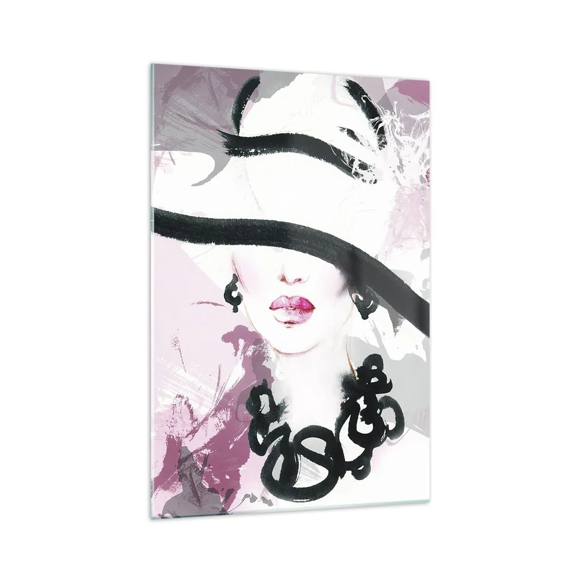 Cuadro sobre vidrio - Impresiones sobre Vidrio - Una mujer elegante con sombrero sobre un fondo de abstracciones rosas. - 70x100cm - Retrato de una dama en negro y rosa - Decoración de pared moderna para salón y dormitorio ARTTOR
