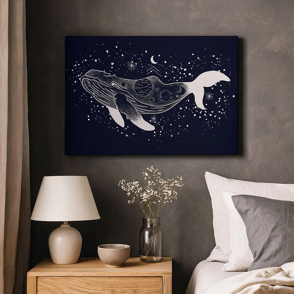 Cuadro sobre lienzo - Impresión de Imagen - Una ilustración gráfica de una ballena en estilo espacial. - 70x50cm - En el océano del universo - Decoración de pared moderna para salón y dormitorio ARTTOR