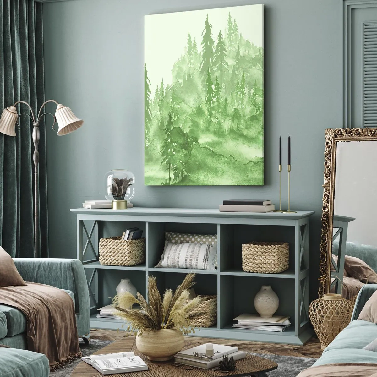 Cuadro sobre lienzo - Impresión de Imagen - Bosque verde en estilo acuarela sobre un fondo claro - 70x100cm - Difuminado con niebla verde - Decoración de pared moderna para salón y dormitorio ARTTOR