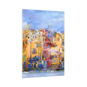 Cuadro sobre vidrio - Impresiones sobre Vidrio - Edificios urbanos coloridos de estilo artístico - 80x120cm - Estamos juntos - Decoración de pared moderna para salón y dormitorio ARTTOR