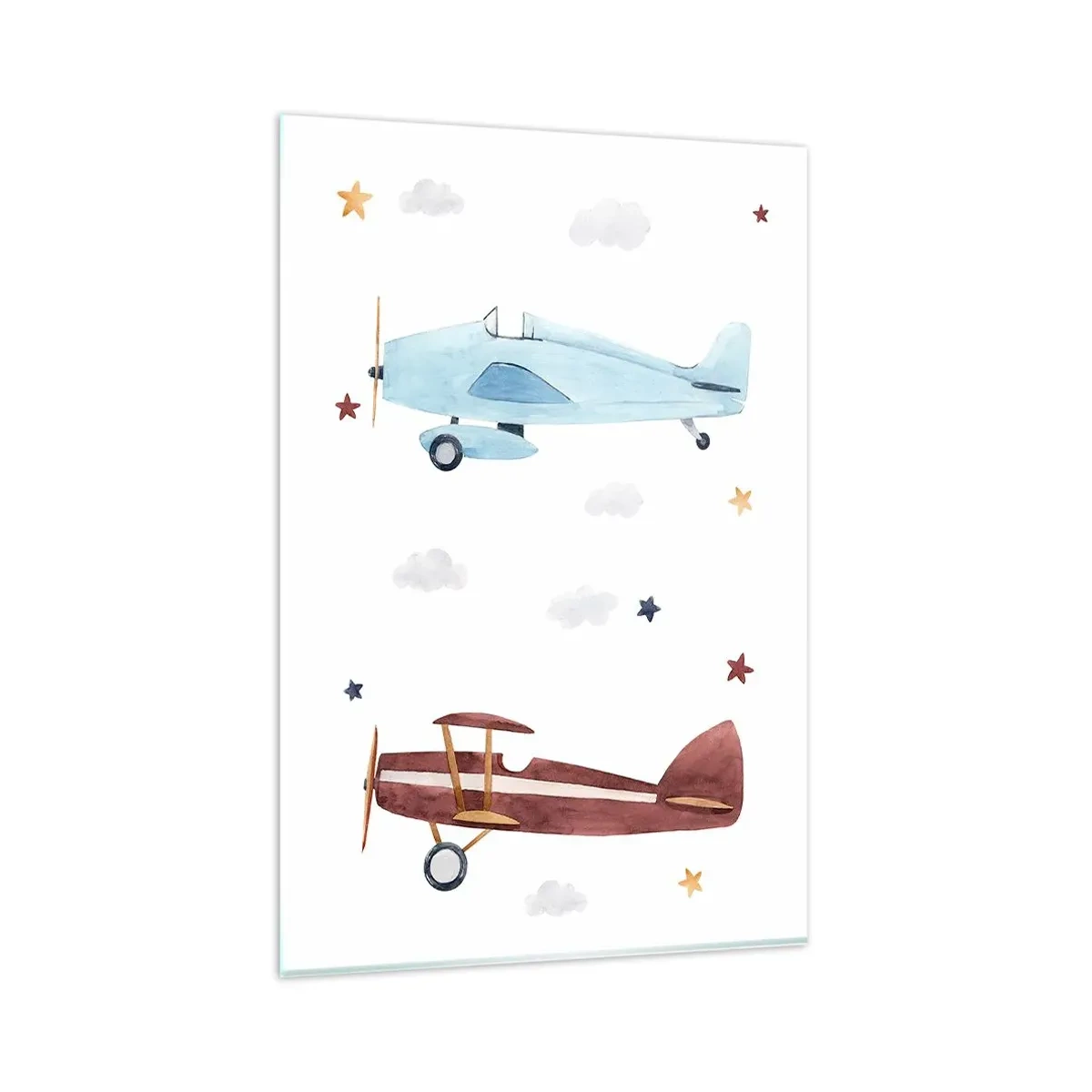 Cuadro sobre vidrio - Impresiones sobre Vidrio - Aviones pintados a mano sobre un fondo de nubes y estrellas. - 80x120cm - ¡Piloto, estamos esperando! - Decoración de pared moderna para salón y dormitorio ARTTOR
