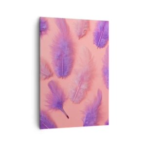Cuadro sobre lienzo - Impresión de Imagen - Plumas moradas y rosas sobre un fondo pastel. - 70x100cm - Un pájaro lila del deseo - Decoración de pared moderna para salón y dormitorio ARTTOR