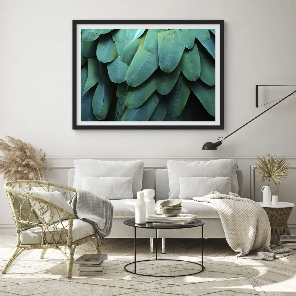 Póster en marco negro - Detalle de plumas en tonos verdes. - 70x50cm - La precisión de la naturaleza - Decoración de pared moderna para salón y dormitorio ARTTOR