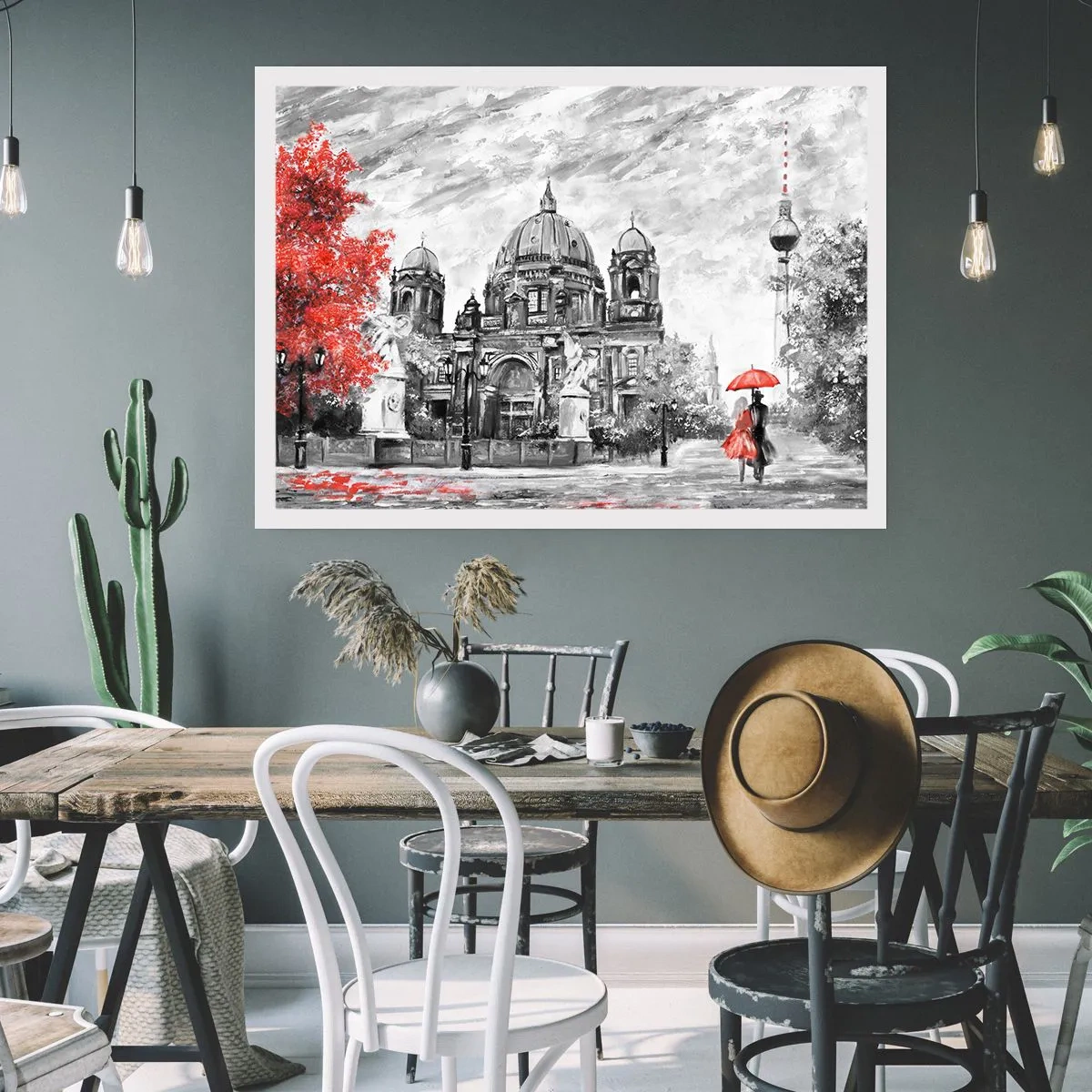 Póster - Escena en blanco y negro con Berlín, un paraguas rojo y un árbol. - 100x70cm - Reunión en Berlín - Decoración de pared moderna para salón y dormitorio ARTTOR