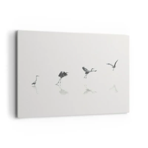 Cuadro sobre lienzo - Impresión de Imagen - Cuatro siluetas de aves reflejadas en el agua tranquila. - 120x80cm - Cuatro sencillos pasos para despegar - Decoración de pared moderna para salón y dormitorio ARTTOR
