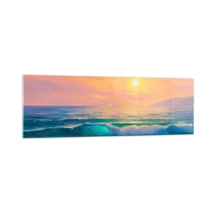Cuadro sobre vidrio - Impresiones sobre Vidrio - Paisaje marino con puesta de sol - 160x50cm - El canto turquesa de las olas - Decoración de pared moderna para salón y dormitorio ARTTOR