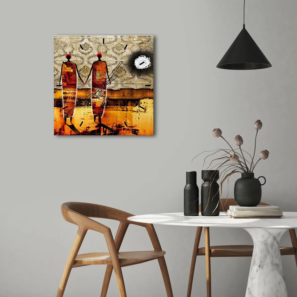 Reloj de pared - Reloj de vidrio - Composición étnica en colores africanos - 30x30 cm