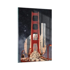 Cuadro sobre vidrio - Impresiones sobre Vidrio - El puente Golden Gate con la ciudad al fondo contra un cielo estrellado - 80x120cm - Siempre en el centro - Decoración de pared moderna para salón y dormitorio ARTTOR