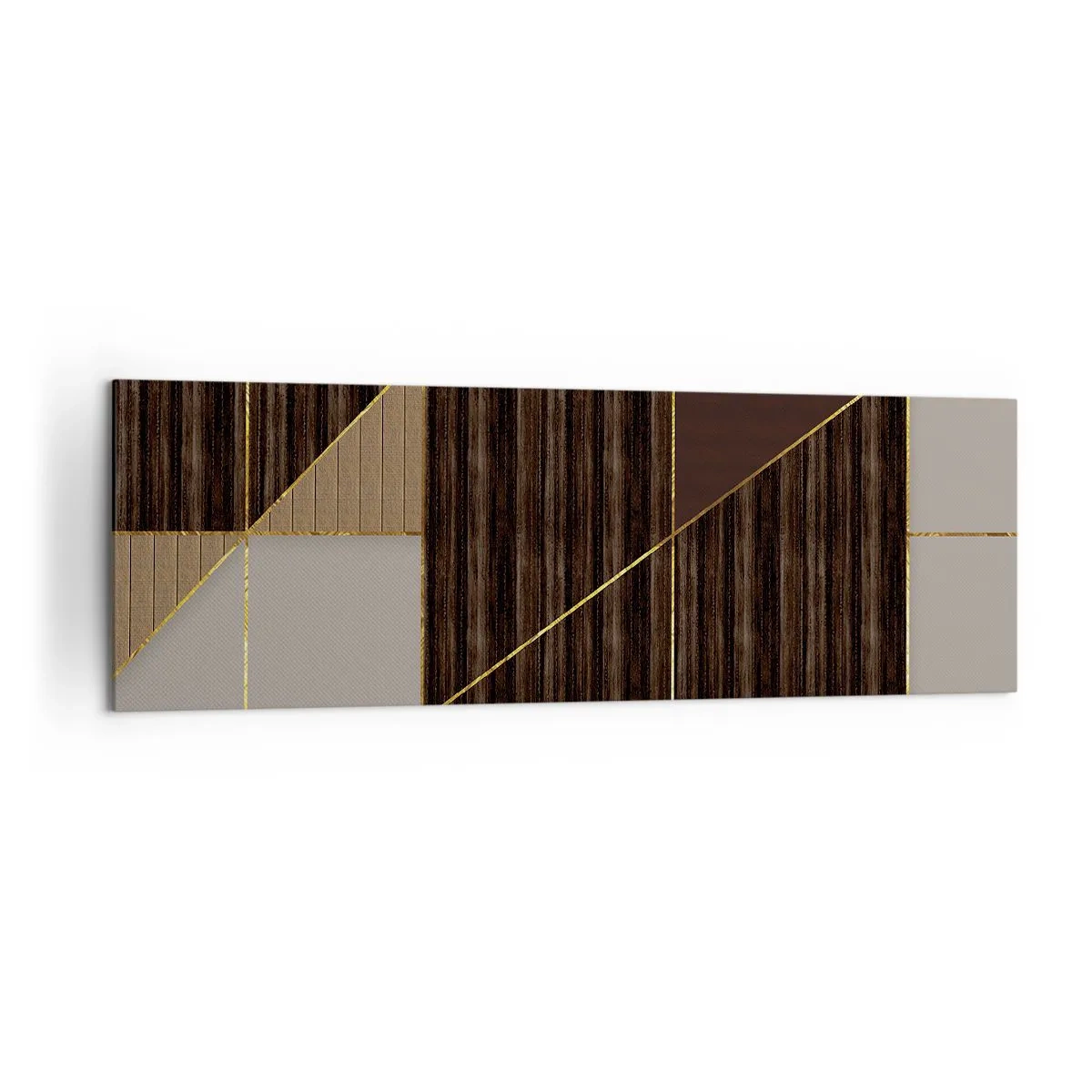 Cuadro sobre lienzo - Impresión de Imagen - Patrones geométricos en tonos marrones con líneas doradas. - 160x50cm - Un mosaico de marrones y dorados - Decoración de pared moderna para salón y dormitorio ARTTOR