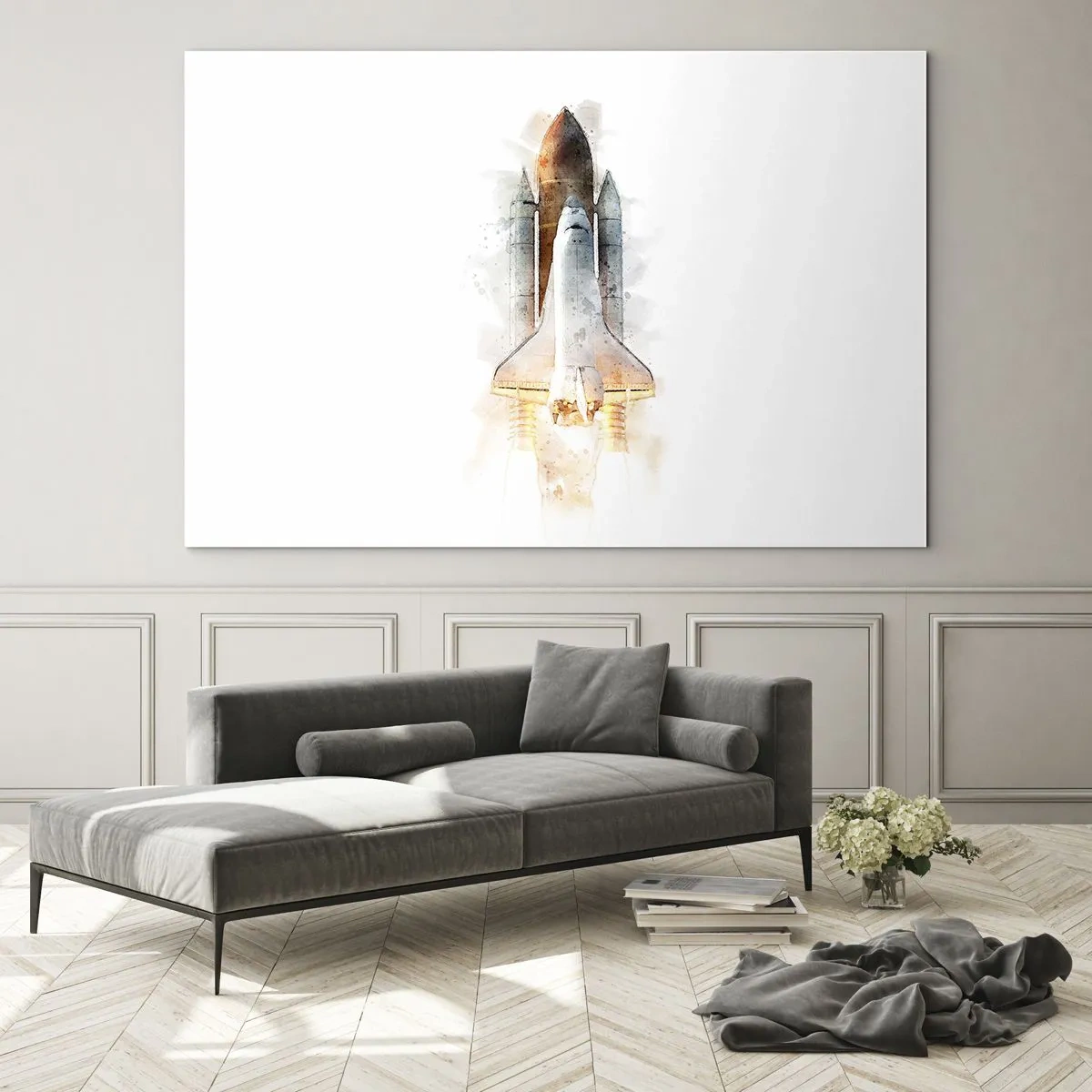 Cuadro sobre vidrio - Impresiones sobre Vidrio - Un transbordador espacial despegando en estilo acuarela sobre un fondo blanco. - 100x70cm - El comienzo de la exploración - Decoración de pared moderna para salón y dormitorio ARTTOR