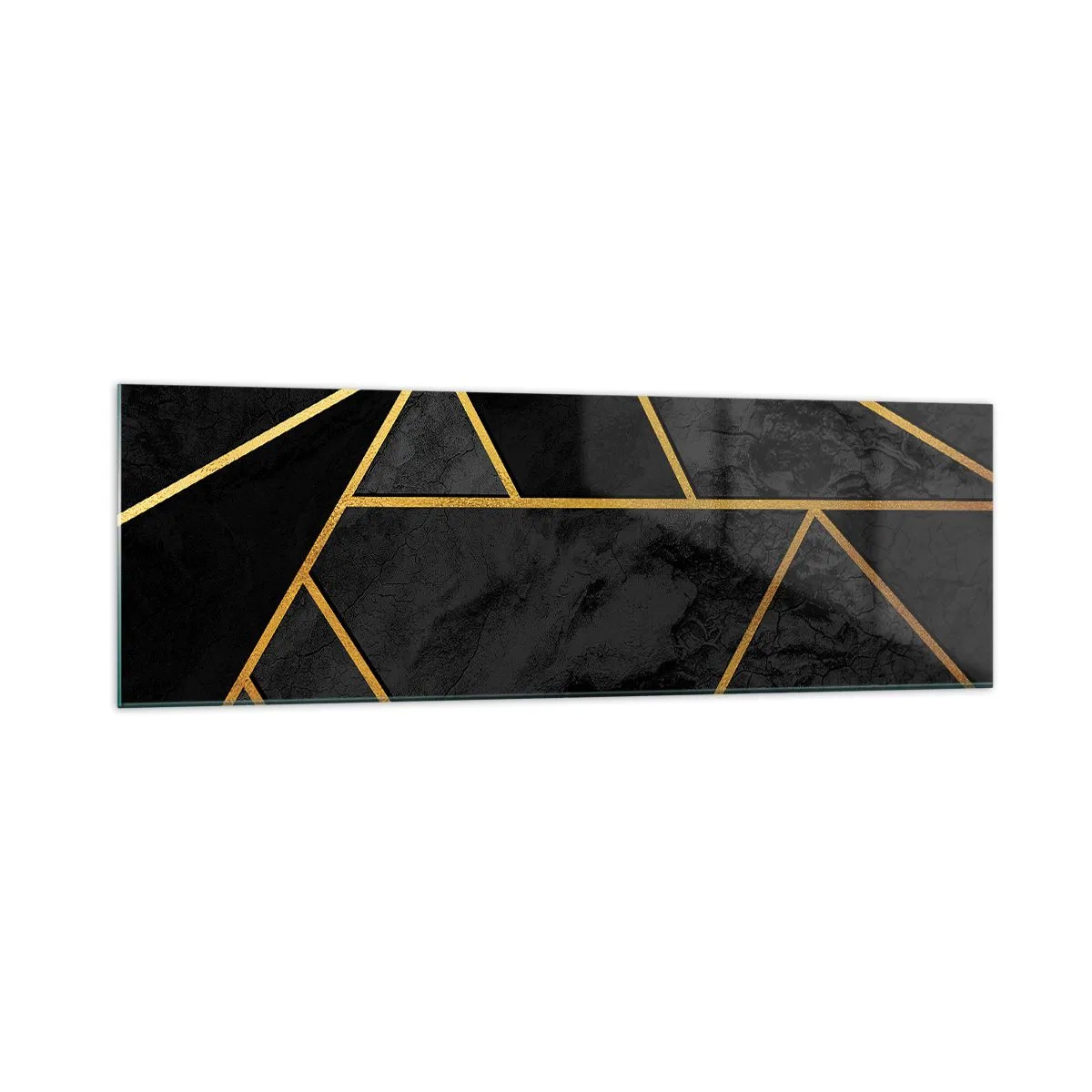 Cuadro sobre vidrio - Impresiones sobre Vidrio - Patrón geométrico dorado sobre fondo negro - 160x50cm - Oscuridad y brillo - Decoración de pared moderna para salón y dormitorio ARTTOR