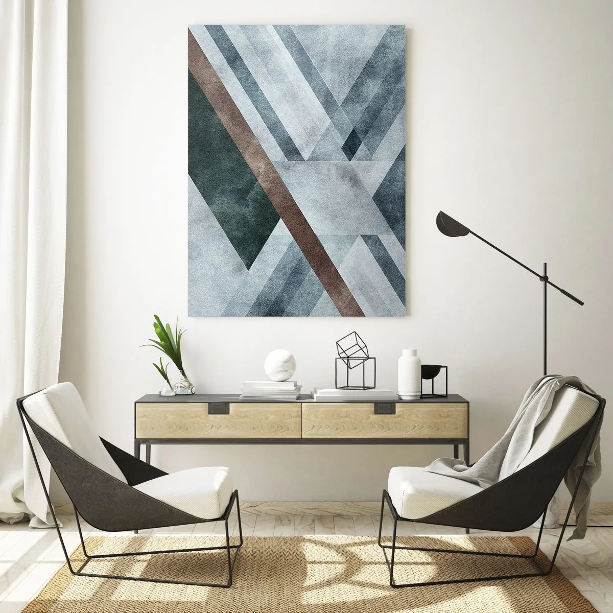 Cuadro sobre vidrio - Impresiones sobre Vidrio - Formas geométricas en tonos fríos de azul y marrón. - 70x100cm - Sofisticada elegancia de la geometría - Decoración de pared moderna para salón y dormitorio ARTTOR