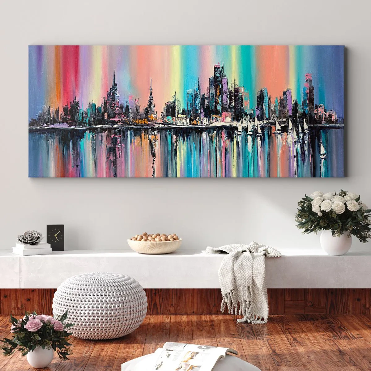 Cuadro sobre lienzo - Impresión de Imagen - Paisaje urbano colorido con reflejo en el agua - 160x50cm - Flota con la luz de la noche - Decoración de pared moderna para salón y dormitorio ARTTOR