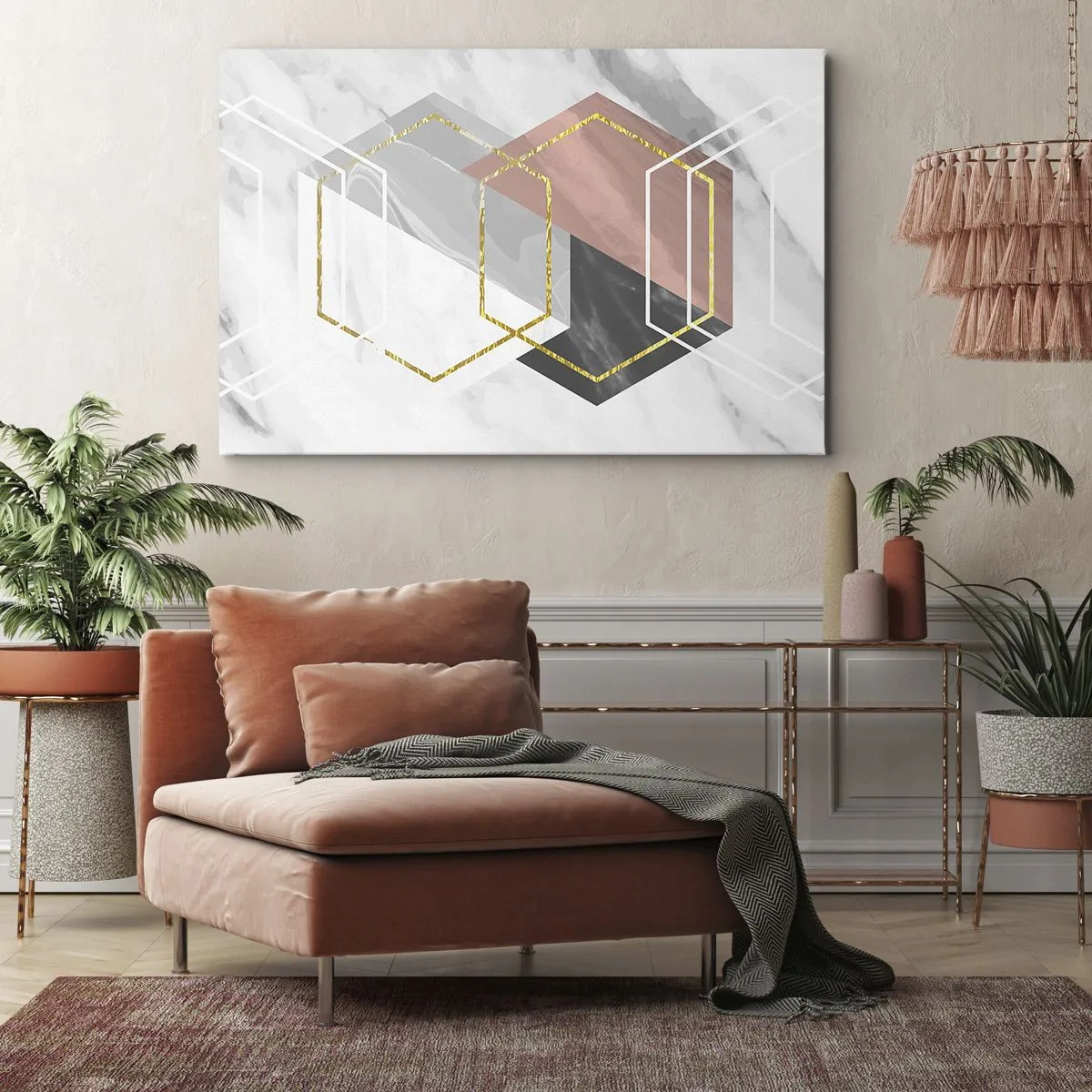 Cuadro sobre lienzo - Impresión de Imagen - Figuras geométricas con acentos dorados y de mármol. - 70x50cm - Composición en cadena - Decoración de pared moderna para salón y dormitorio ARTTOR