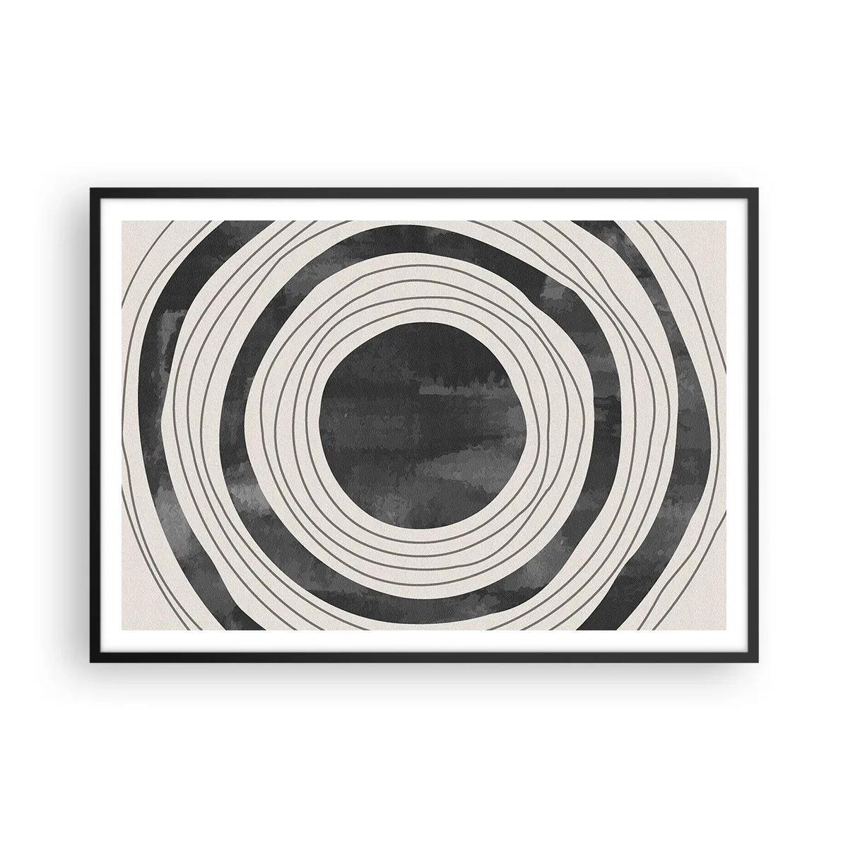 Póster en marco negro - Círculos concéntricos en blanco y negro sobre un fondo claro - 100x70cm - En el centro mismo - Decoración de pared moderna para salón y dormitorio ARTTOR