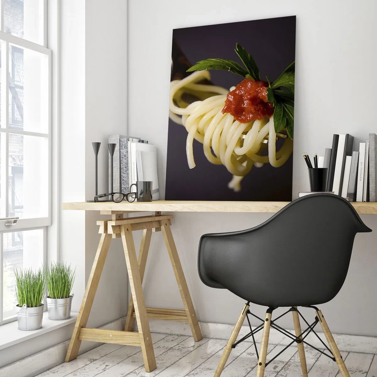 Cuadro sobre vidrio - Impresiones sobre Vidrio - Pasta espaguetis al tenedor con salsa de tomate - 50x70cm - Un sabroso bocado - Decoración de pared moderna para salón y dormitorio ARTTOR