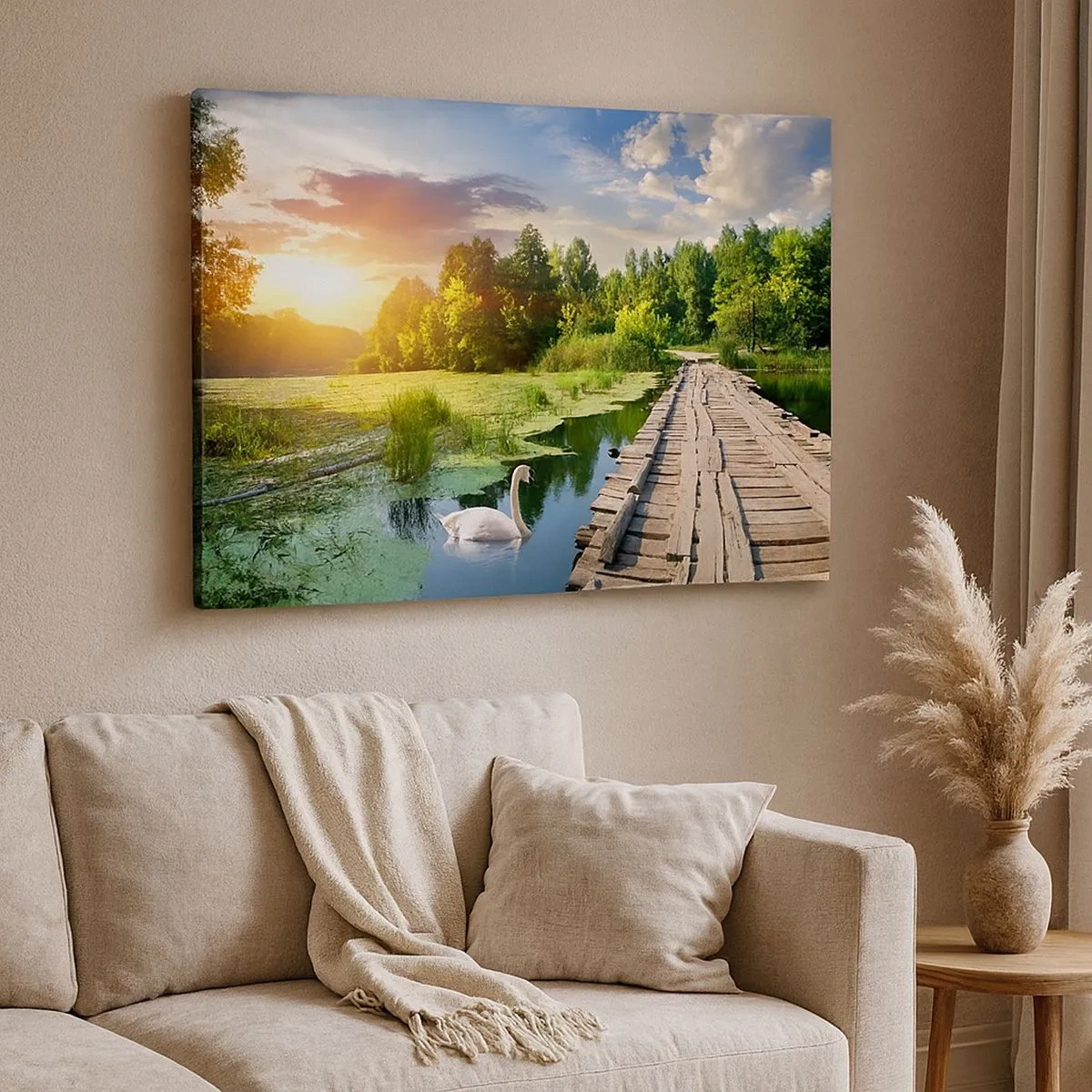Cuadro sobre lienzo - Impresión de Imagen - Un paisaje pintoresco con un puente y un cisne. - 70x50cm - Verano, verano en todas partes - Decoración de pared moderna para salón y dormitorio ARTTOR