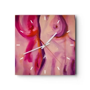 Reloj de pared - Reloj de vidrio - Una interpretación abstracta de la silueta femenina en tonos rosas y morados. - 30x30cm - Una oda a la feminidad - Decoración de pared moderna para salón y dormitorio ARTTOR