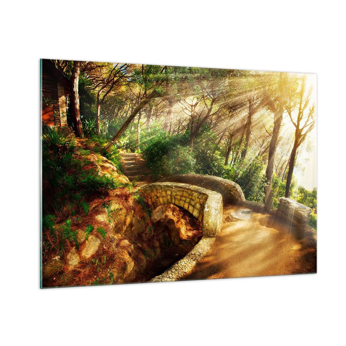 Cuadro sobre vidrio - Impresiones sobre Vidrio - Los rayos del sol iluminan el puente y el sendero del bosque. - 100x70cm - Directamente desde el puente hacia el bosque de las hadas - Decoración de pared moderna para salón y dormitorio ARTTOR
