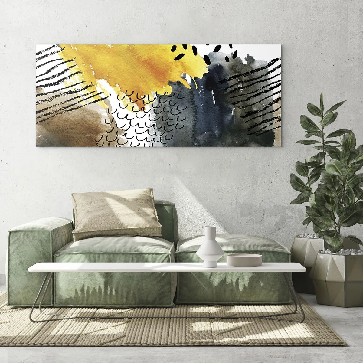 Cuadro sobre vidrio - Impresiones sobre Vidrio - Una composición abstracta con acentos amarillos y patrones gráficos. - 120x50cm - Reunión de los elementos - Decoración de pared moderna para salón y dormitorio ARTTOR