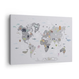 Cuadro sobre lienzo - Impresión de Imagen - Un mapa del mundo con ilustraciones de animales sobre un fondo gris. - 70x50cm - Dime de dónde eres... - Decoración de pared moderna para salón y dormitorio ARTTOR