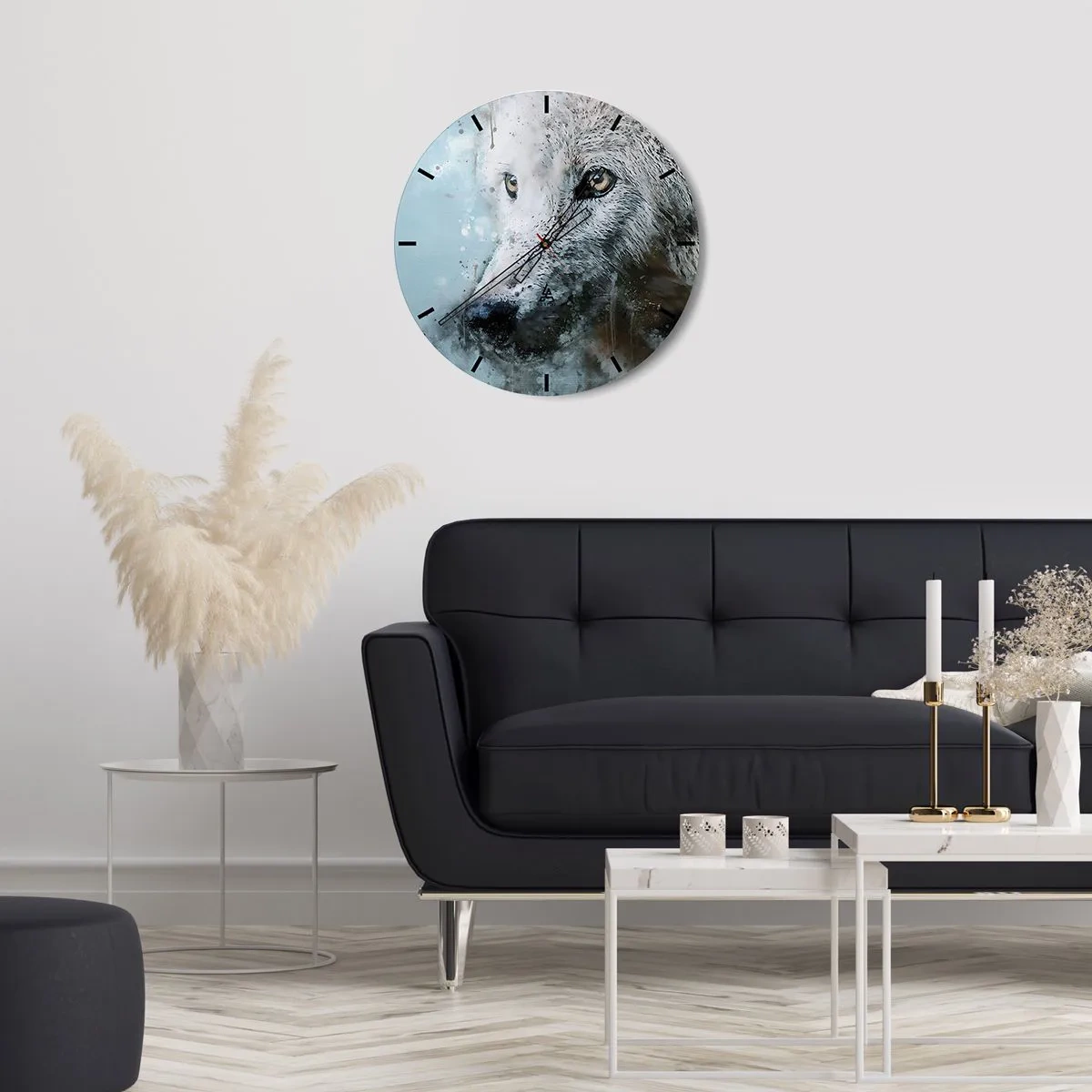 Reloj de pared - Reloj de vidrio - Un retrato de un lobo en estilo acuarela sobre un fondo azul. - 30x30cm - Conoce el alma del lobo - Decoración de pared moderna para salón, cocina y dormitorio ARTTOR