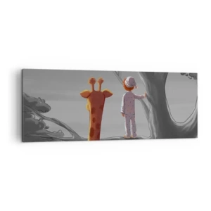 Cuadro sobre lienzo - Impresión de Imagen - Un niño y una jirafa en la rama de un árbol en un paisaje de cuento de hadas. - 140x50cm - ¿Está sucediendo de verdad? - Decoración de pared moderna para salón y dormitorio ARTTOR