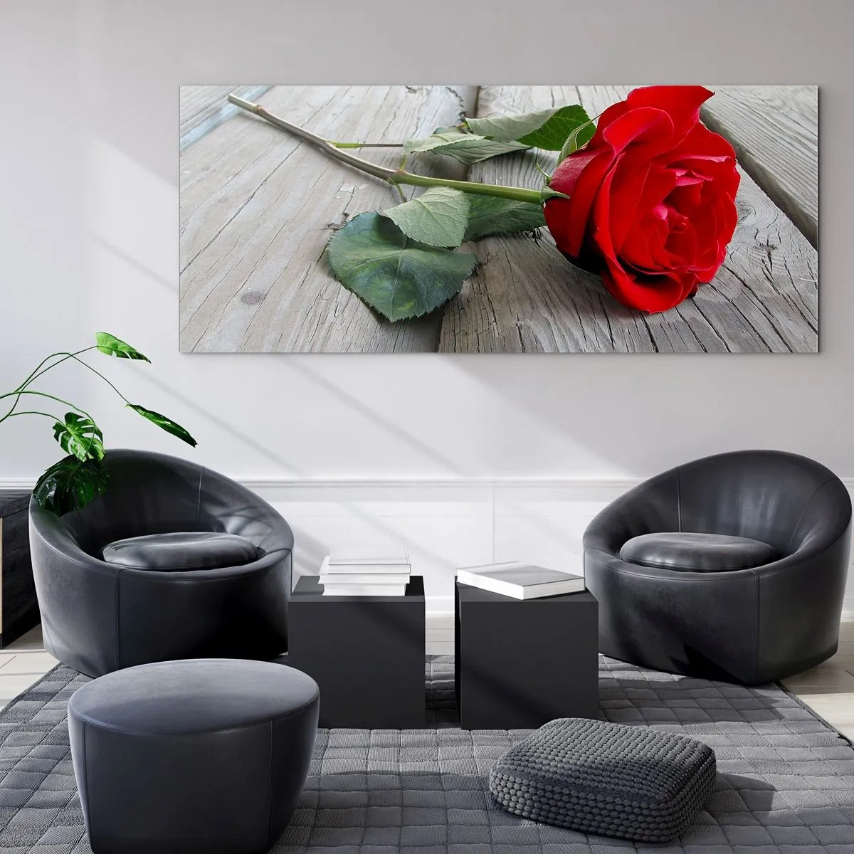 Cuadro sobre vidrio - Impresiones sobre Vidrio - Rosa roja sobre un fondo de madera - 140x50cm - Estudio en escarlata - Decoración de pared moderna para salón y dormitorio ARTTOR