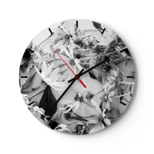 Reloj de pared - Reloj de vidrio - Flores blancas y negras esparcidas sobre un fondo claro en un arreglo informal. - 30x30cm - Un no ramo de flores - Decoración de pared moderna para salón, cocina y dormitorio ARTTOR