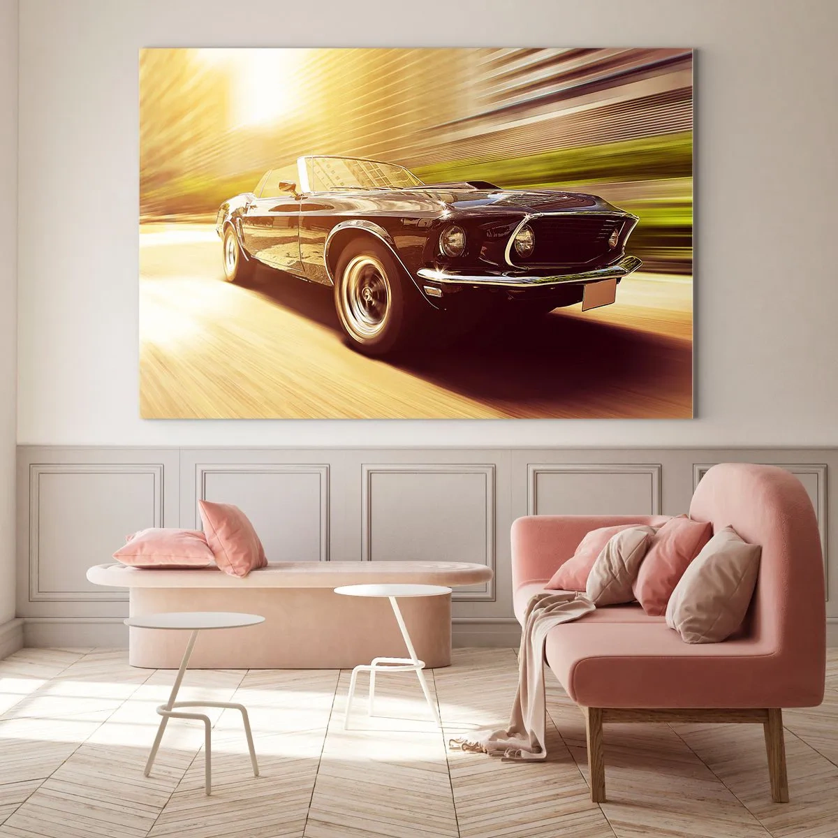 Cuadro sobre vidrio - Impresiones sobre Vidrio - Coche clásico en movimiento bajo la luz del sol. - 100x70cm - 1967 - El retorno de una leyenda - Decoración de pared moderna para salón y dormitorio ARTTOR