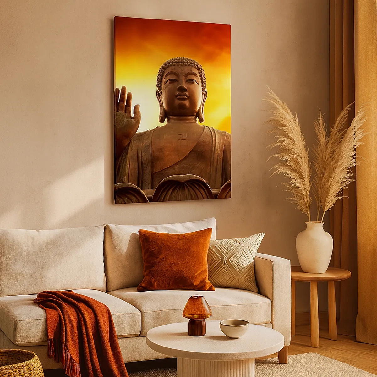 Cuadro sobre lienzo - Impresión de Imagen - Una estatua de Buda contra un cielo dorado al atardecer. - 50x70cm - La calma del mundo - Decoración de pared moderna para salón y dormitorio ARTTOR