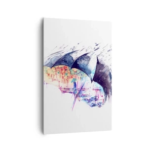 Cuadro sobre lienzo - Impresión de Imagen - Una ciudad colorida escondida bajo paraguas abstractos - 80x120cm - Caminando bajo la lluvia - Decoración de pared moderna para salón y dormitorio ARTTOR