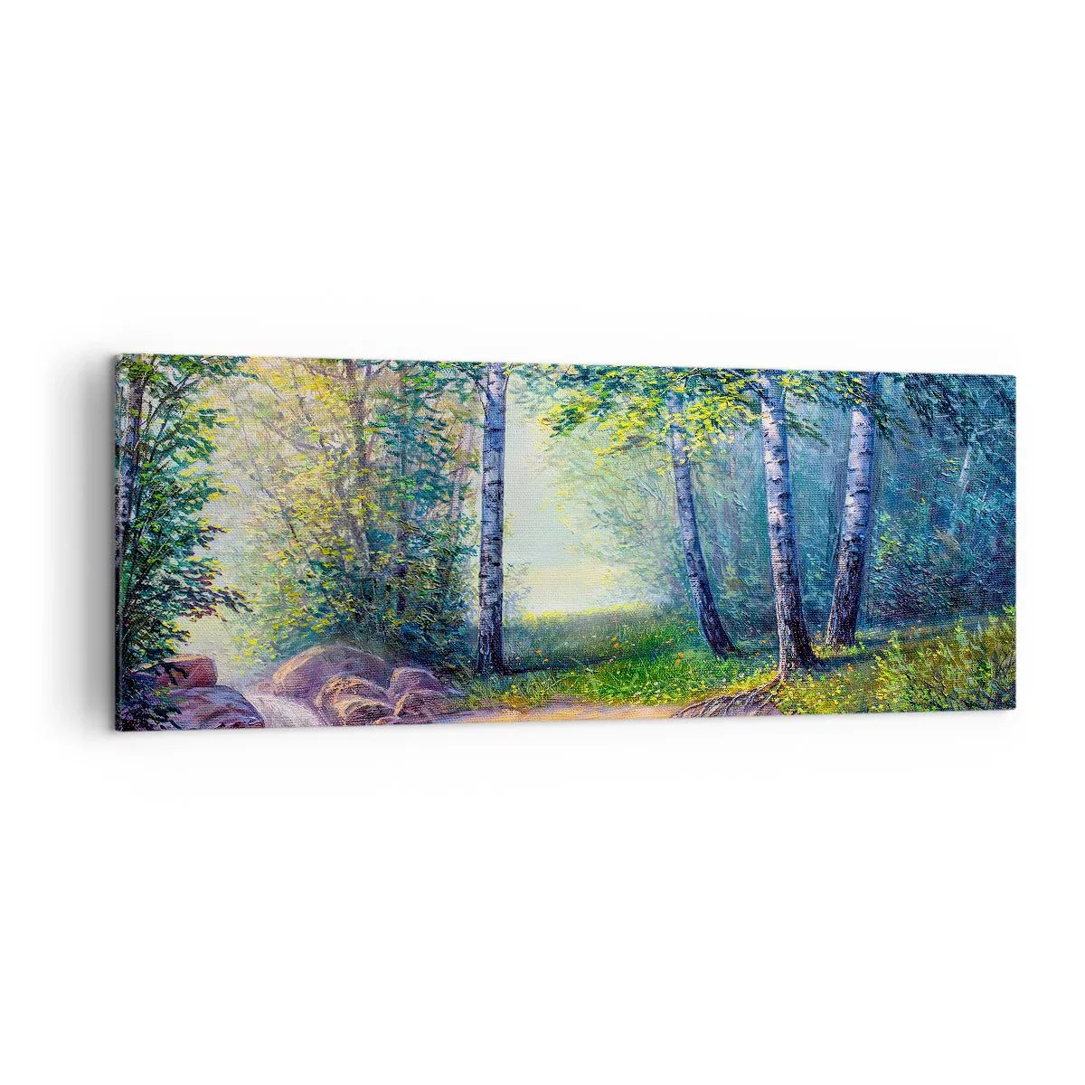 Cuadro sobre lienzo - Impresión de Imagen - Un arroyo forestal rodeado de abedules y sol. - 140x50cm - Paisaje idílico - Decoración de pared moderna para salón y dormitorio ARTTOR