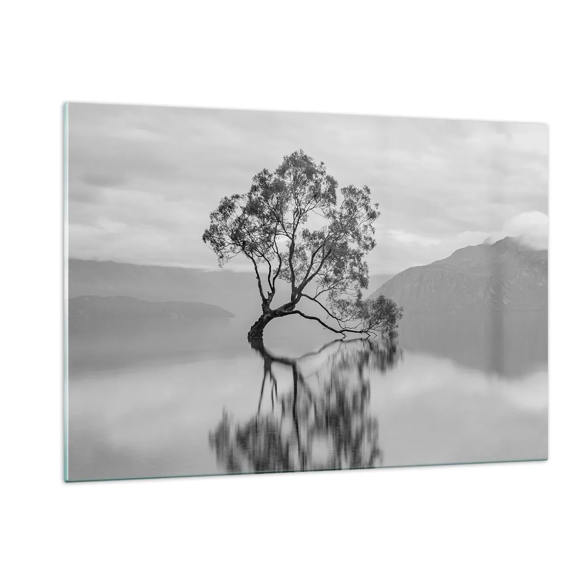 Cuadro sobre vidrio - Impresiones sobre Vidrio - Un árbol solitario en el agua en un paisaje en blanco y negro. - 120x80cm - Existe tal lugar en el mundo - Decoración de pared moderna para salón y dormitorio ARTTOR