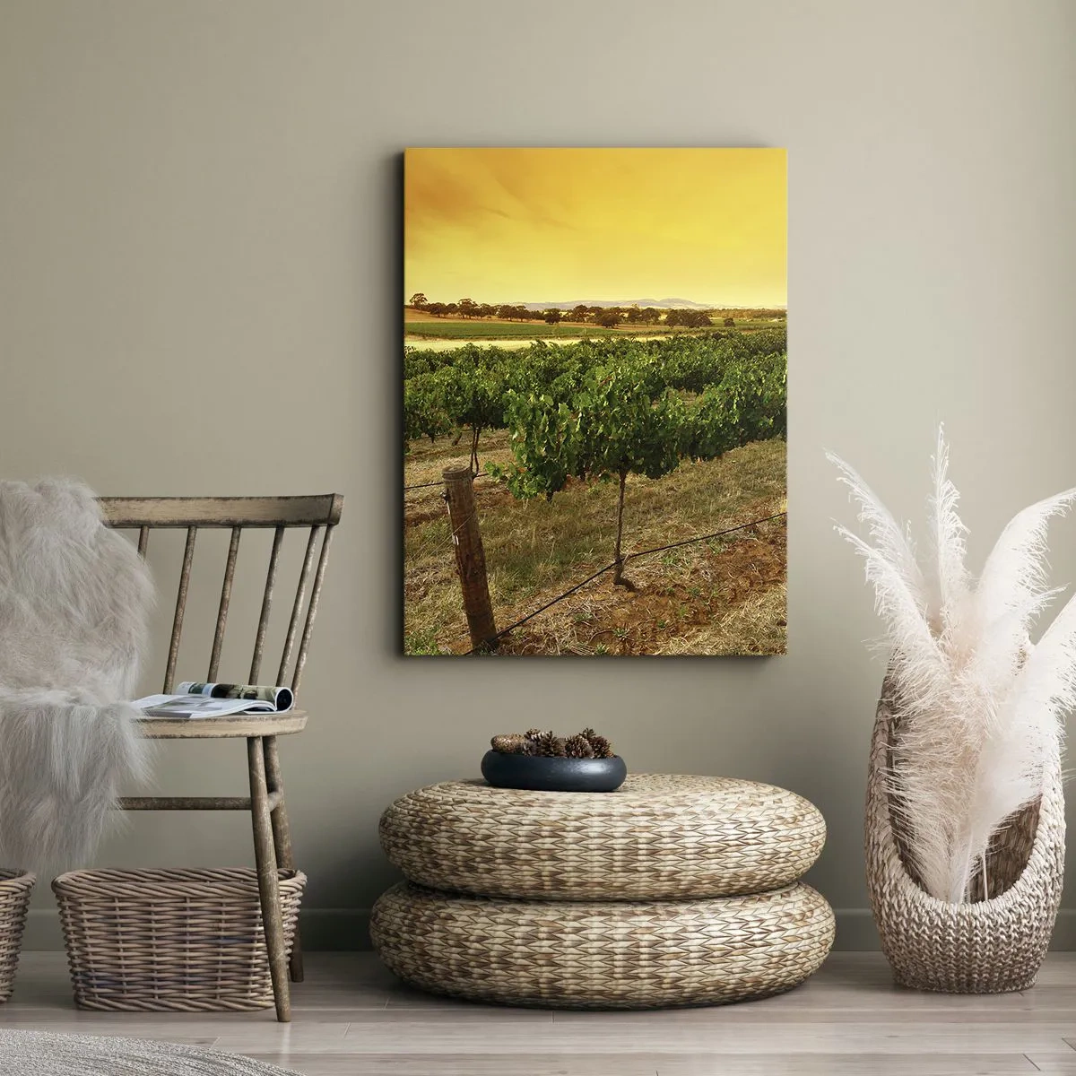 Cuadro sobre lienzo - Impresión de Imagen - Vides en una plantación al atardecer dorado - 70x100cm - Un trago del sol - Decoración de pared moderna para salón y dormitorio ARTTOR