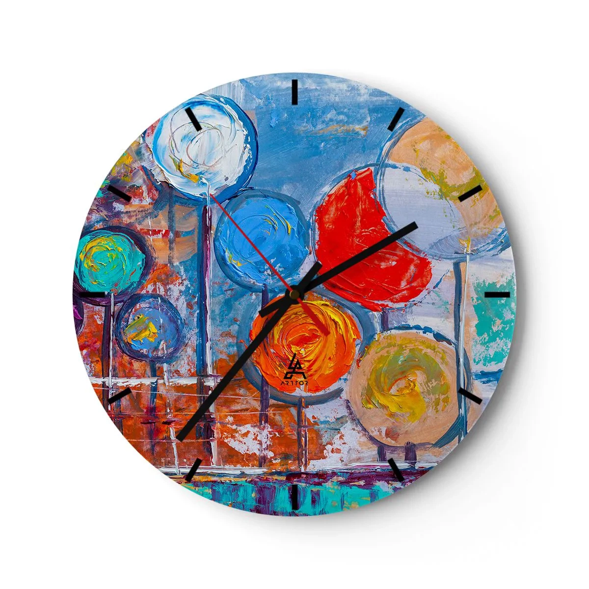 Reloj de pared - Reloj de vidrio - Flores abstractas coloridas sobre un fondo con textura pictórica - 30x30cm - Milagros en un palo - Decoración de pared moderna para salón, cocina y dormitorio ARTTOR