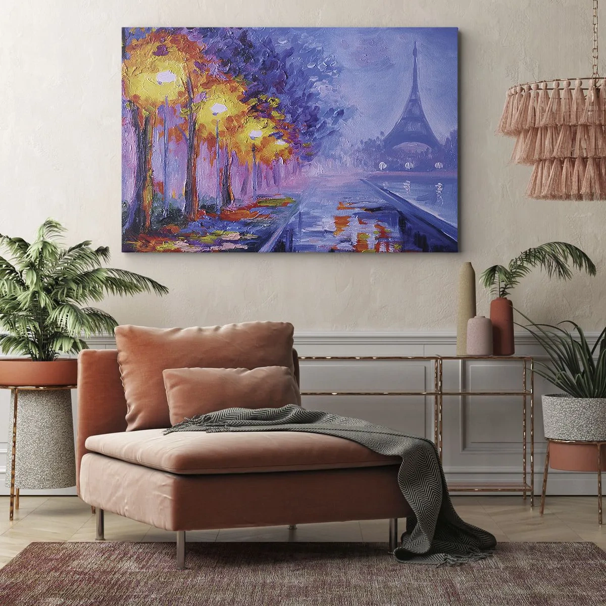 Cuadro sobre lienzo - Impresión de Imagen - Una avenida con farolas en París con la Torre Eiffel al fondo - 70x50cm - Un paseo de ensueño - Decoración de pared moderna para salón y dormitorio ARTTOR