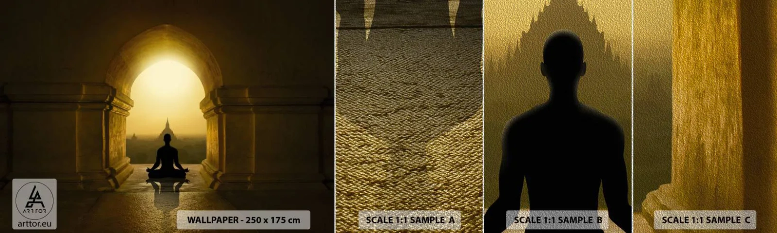 Muestra de fotomural Premium Sand - Armonía total - Meditación, Templo, Buda - 100x30 cm