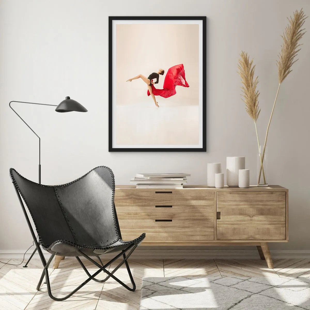Póster en marco negro - Una bailarina con un traje negro y tela roja en movimiento. - 50x70cm - Rojo y negro - Decoración de pared moderna para salón y dormitorio ARTTOR