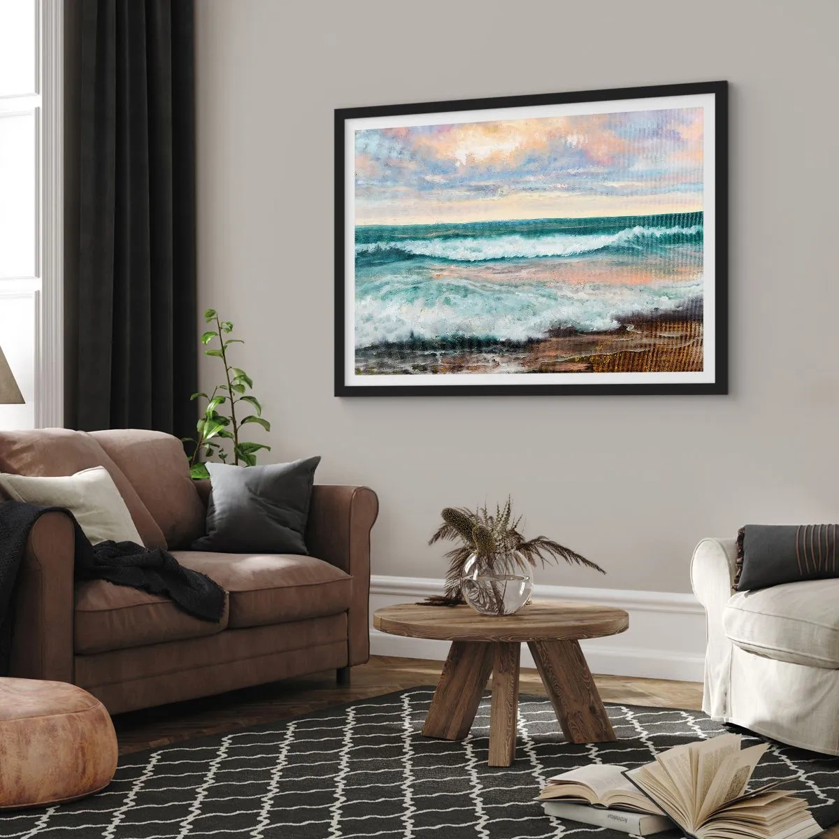 Póster en marco negro - Olas del mar contra un cielo nublado al atardecer - 70x50cm - Aquí suavizarás tu alma - Decoración de pared moderna para salón y dormitorio ARTTOR