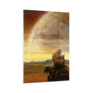 Cuadro sobre vidrio - Impresiones sobre Vidrio - Monos sentados en una roca con una enorme luna de fondo. - 50x70cm - El amor es igual en todas partes - Decoración de pared moderna para salón y dormitorio ARTTOR
