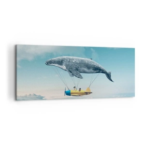Cuadro sobre lienzo - Impresión de Imagen - Una ballena voladora transporta un avión en un entorno surrealista. - 120x50cm - ¿Por qué no? - Decoración de pared moderna para salón y dormitorio ARTTOR