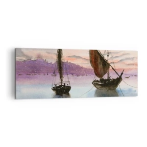Cuadro sobre lienzo - Impresión de Imagen - Dos veleros amarrados en aguas tranquilas al anochecer - 140x50cm - Atardecer en el puerto - Decoración de pared moderna para salón y dormitorio ARTTOR