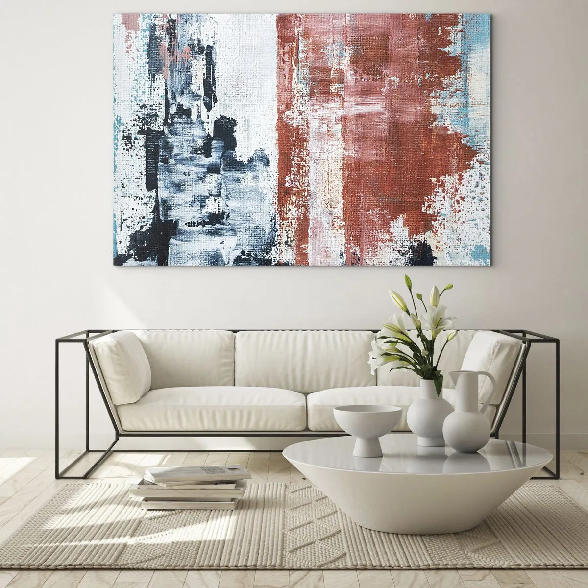 Cuadro sobre vidrio - Impresiones sobre Vidrio - Una combinación abstracta de azul y rojo oxidado. - 70x50cm - Mitad abstracción, mitad abstracción - Decoración de pared moderna para salón y dormitorio ARTTOR