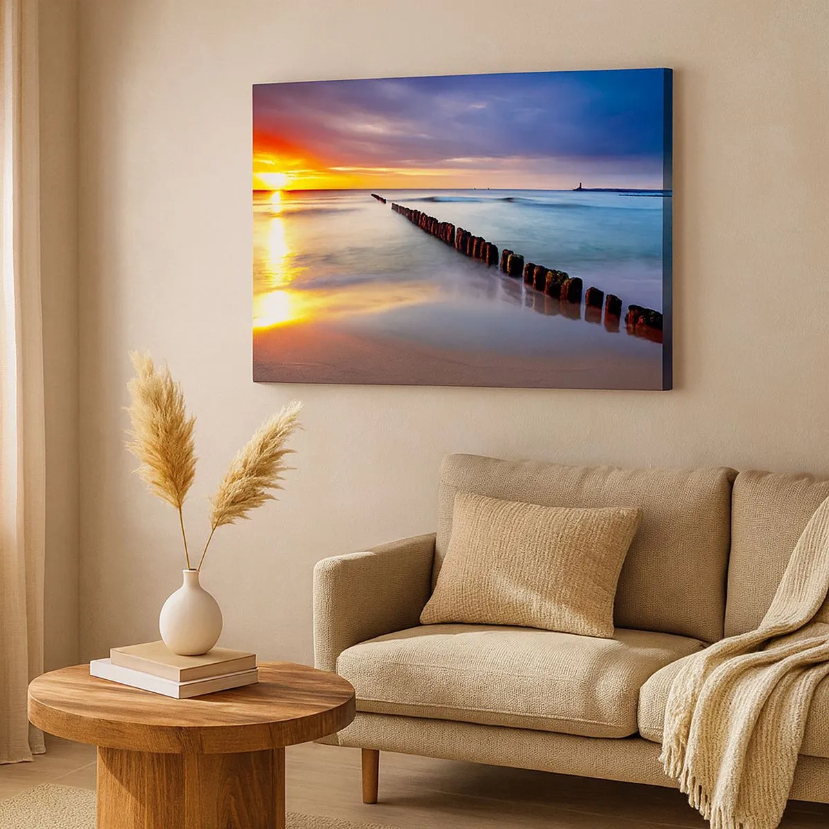 Cuadro sobre lienzo - Impresión de Imagen - Puesta de sol sobre el mar con un rompeolas en primer plano - 70x50cm - Escuchar el silencio - Decoración de pared moderna para salón y dormitorio ARTTOR