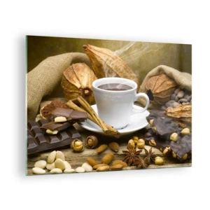 Cuadro sobre vidrio - Impresiones sobre Vidrio - Una taza de chocolate caliente rodeada de chocolate y especias. - 70x50cm - Para los que buscan emociones - Decoración de pared moderna para salón y dormitorio ARTTOR