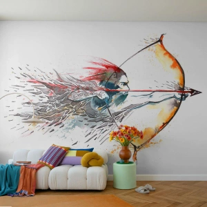 Fotomural Premium Sand - Arquero en una dinámica ilustración de acuarela - 100x70cm - Guerrero mítico con arco de fuego - Decoración de pared moderna para salón y dormitorio ARTTOR